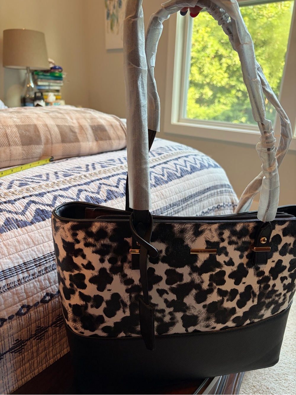 Black & White Cowprint Tote Bag with Black Trim